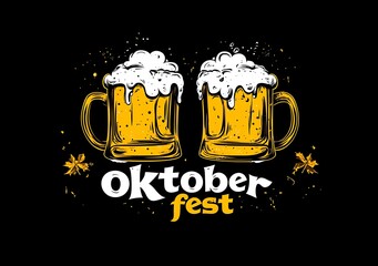 OktoberFest poster, banner background with an illustration of beer, bratwursts and grill tools