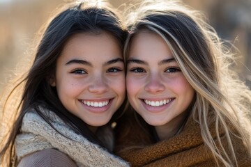 Obraz premium Two smiling young women embrace outdoors in a scenic landscape during golden hour, showcasing warmth and friendship in natural light amidst a serene background