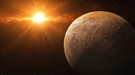 Obraz premium Stunning visual of mercury illuminated by the sun, showcasing rocky terrain and craters in space