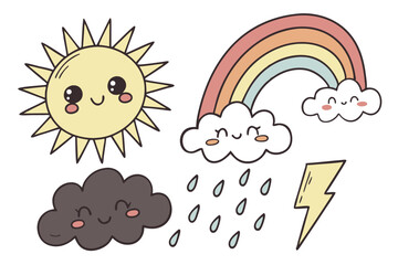 45 Cartoon weather icons, cheerful smiling sun character, vibrant rainbow with clouds, fluffy white cloud, dark rain cloud with raindrops, stormy cloud with lightning bolts and rain, colorful children