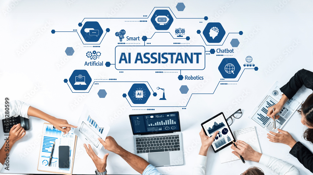 Poster a dynamic workspace featuring a team collaborating on artificial intelligence projects. the setting 