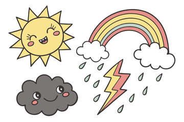 45 Cartoon weather icons, cheerful smiling sun character, vibrant rainbow with clouds, fluffy white cloud, dark rain cloud with raindrops, stormy cloud with lightning bolts and rain, colorful children