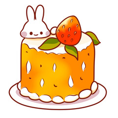 a cute cartoon illustration of a small, round cake, possibly mango or coconut flavored given its yellow hue and white drippings