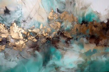 Blue and Gold Abstract Painting on a Luxurious Marble Acrylic Background: A Close-Up View. Generative AI