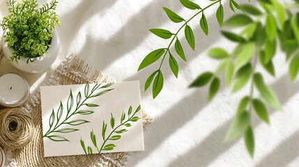 Serene Still Life with Green Plant and Leaves on Beige Fabric Emphasizing Calmness and Natural Elements.