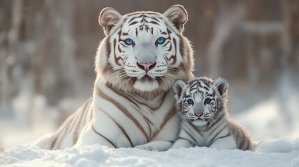 Fototapeta premium White tiger mother and cub in snowy forest