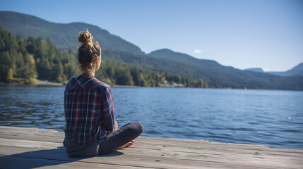 Serene woman sitting on dock by tranquil lake, surrounded by mountains and trees, enjoying peaceful nature