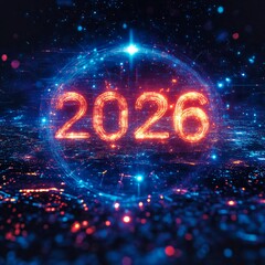 The year 2026 in the digital world. Glowing numbers against a futuristic cityscape symbolize technological progress and future opportunities. Generative AI