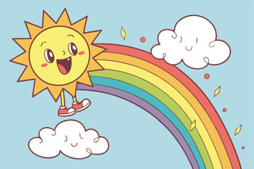 Fototapeta premium 46 Bright cartoon sun, vibrant rainbow arch, fluffy white clouds, cheerful weather illustration, colorful children's book style, clear blue sky background, optimistic mood, simple shapes, bold colors,