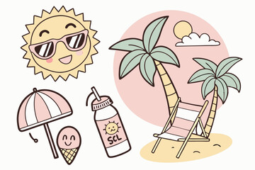 47 Cute summer icons, cartoon style, vibrant colors, smiling sun with sunglasses, happy ice cream cone, cheerful tropical drink, palm trees on island, suntan lotion bottle, beach chair with umbrella, 