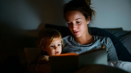 A mother reads to her child in bed. They are illuminated by the book's glow. A calming scene for a bedtime story.