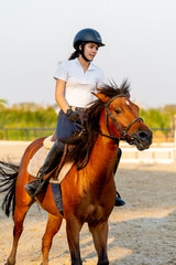 Fototapeta premium Vertical image and right side view of teen girl control horse to run around in the arena for training and practice before the competition.