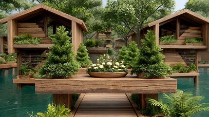 Fototapeta premium Serene Waterside Retreat with Lush Flora and Wooden Buildings in Tranquil Setting and Walkway.