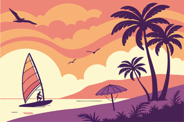 48 Vibrant tropical sunset, windsurfer silhouette, palm trees, beach umbrellas, colorful gradient sky, orange and purple hues, stylized clouds, seagulls in flight, calm ocean waters, vector art style,