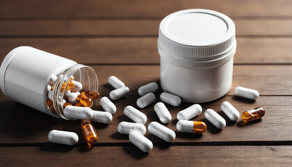 Scattered pills and a white jar on a wooden surface, representing health supplements and wellness practices.