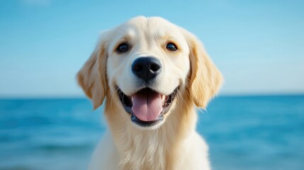 Happy golden retriever puppy by the ocean