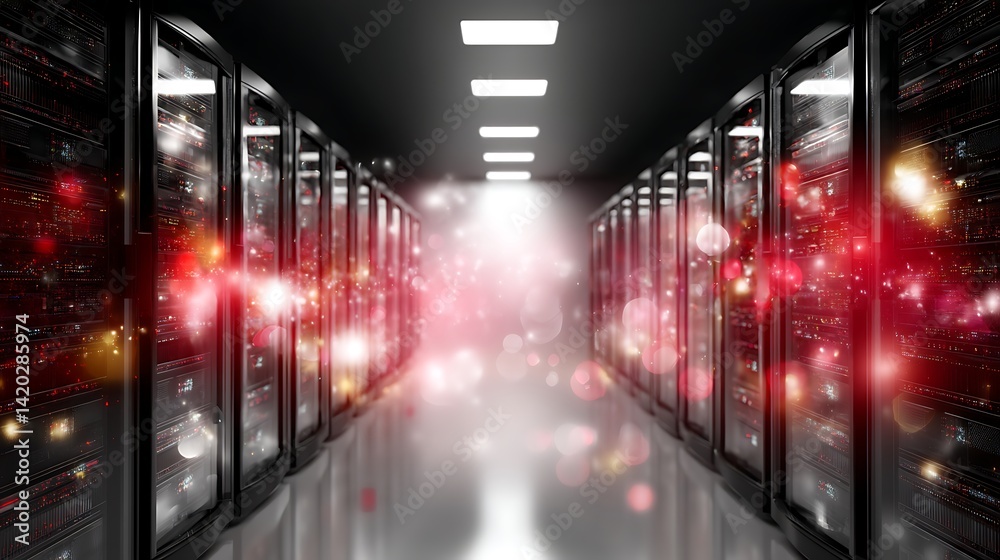Poster server room data center tunnel with digital lights effect and information storage technology.
