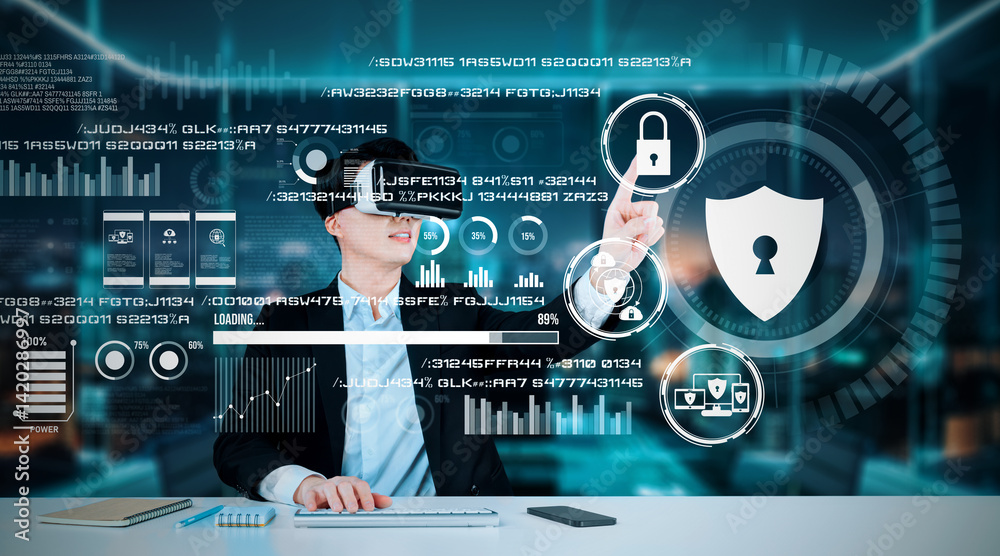Poster smart business man with goggles working while using security protection. manager with formal suit ch