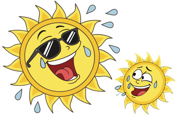 49 Sun emoji, cartoon sun, sunglasses, expressive faces, yellow, black shades, smiling sun, surprised sun, cool sun, happy sun, tongue out, sweating sun, 3D render, glossy, cheerful, summer vibes, vec