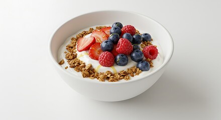 A bowl of natural yogurt topped with granola, fresh berries, and a drizzle of honey on a white background