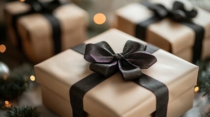 Christmas gifts with black ribbons on table with bokeh lights