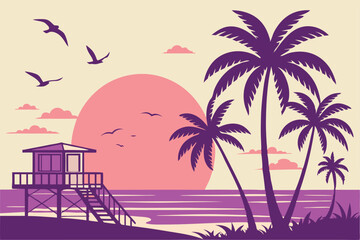 50 Tropical sunset beach, palm tree silhouettes, vibrant gradient sky, large sun, pastel colors, minimalist design, vector art style, purple ocean, lifeguard tower, seagulls, fluffy clouds, serene atm