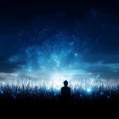 Fototapeta premium Silhouette Gazing at Starry Night Sky Field of Dreams Peaceful Contemplation Serene Cosmic Wonder.