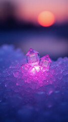 Obraz premium Quartz crystals on a bed of smaller crystals with a sunset background