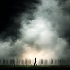 Silhouette of a Solitary Figure Walking Through a Crowd of Shadows in an Ethereal Landscape.