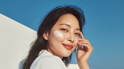Smiling woman with skincare product applied on cheek, with bright blue sky behind