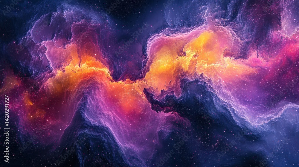Poster vibrant cosmic nebula showcasing swirling clouds of pink, orange, and purple colors in the vastness 
