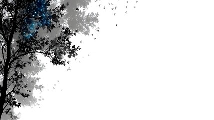 Silhouette Tree with Scattered Leaves and Celestial Glow on a White Canvas Background Abstract Art