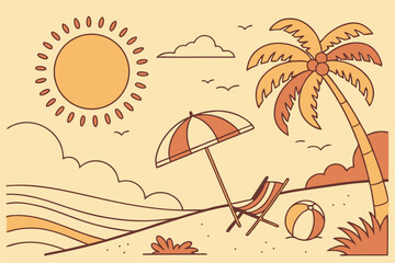 Obraz premium 51 Tropical beach scene, bright cartoon style, vibrant colors, large sun, palm trees, beach umbrella, lounge chair, beach ball, sandy shore, calm ocean, fluffy clouds, flat illustration, vector art, c