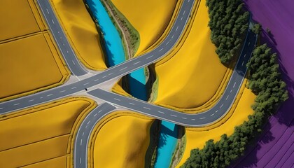 A solitary car journeys across a vibrant landscape of yellow fields and a turquoise river, winding roads creating a breathtaking aerial view with contrasting colors.