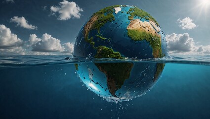 Globe floating in clean blue water. Representing a sustainable future where recycling protects the planet. Copy space.