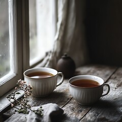 Fototapeta premium Scandinavian Tea Setting with Two Ceramic Cups and Cozy Interior
