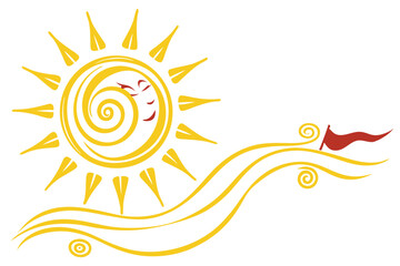 52 Stylized sun icon, bright yellow spiral, minimalist design, clean white background, cheerful summer symbol, radiant sunbeams, simple graphic, vibrant color, positive energy, abstract sunshine, vect