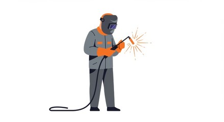 Obraz premium Industrial worker in protective gear using welding torch for metal fabrication