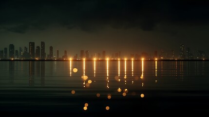 Skyline Reflection over Water at Night with Bokeh Effect Cityscape Illuminated 85 Characters.