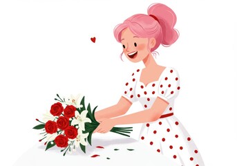 Smiling woman in polka dot dress arranging red and white flower bouquet for romantic celebration