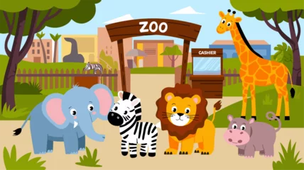 Fototapete Rund A vibrant cartoon illustration of a zoo entrance with a variety of friendly animals, including an elephant, zebra, lion, hippopotamus, and a giraffe, set in a lively background. © Alexander