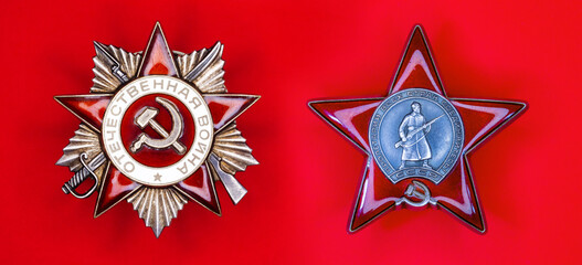 Naklejka premium Soviet Order of the Patriotic War and Order of the Red Star . Symbol victory in World War II.