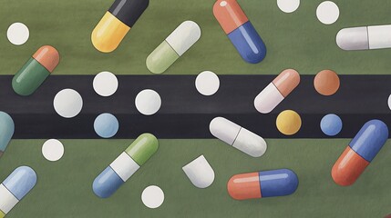 Abstract Composition of Colorful Capsules and Pills on Green Background