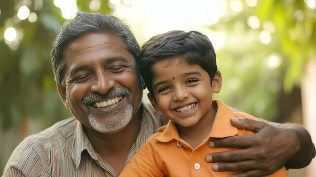 A loving Indian father and his young son sitting together in a warm home setting, both radiating happiness and pride. Their smiles showcase the depth of their familial love and emo