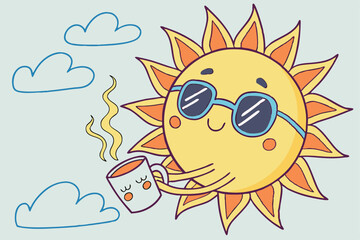 54 Cartoon sun character, blue sunglasses, drinking coffee, steam rising, bright yellow, orange rays, light blue background, white fluffy clouds, cute expression, vector style illustration, vibrant co