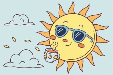 54 Cartoon sun character, blue sunglasses, drinking coffee, steam rising, bright yellow, orange rays, light blue background, white fluffy clouds, cute expression, vector style illustration, vibrant co