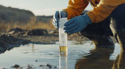 Lithium mine environmental officer testing water samples near extraction site. Featuring sustainability and responsibility