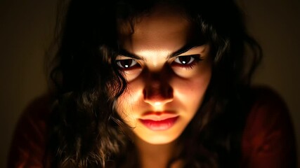A young Brazilian woman sitting at her desk, reading an unpleasant email on her laptop. Her face shows frustration and concern as she processes bad financial news related to stock