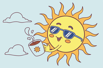 54 Cartoon sun character, blue sunglasses, drinking coffee, steam rising, bright yellow, orange rays, light blue background, white fluffy clouds, cute expression, vector style illustration, vibrant co