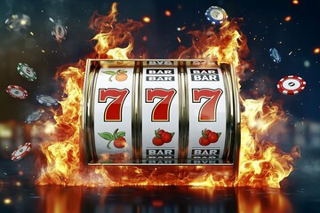 A flaming slot machine with triple red sevens on fire, symbolizing excitement and potential winnings in a captivating visual of casino thrill.